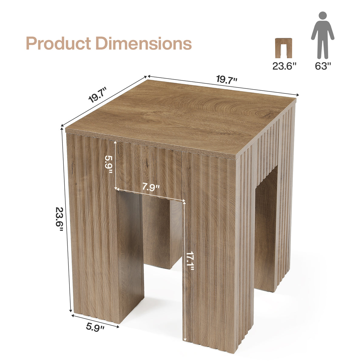 Square Fluted End Table, Farmhouse Side Table for Living Room, Bedside Nightstand