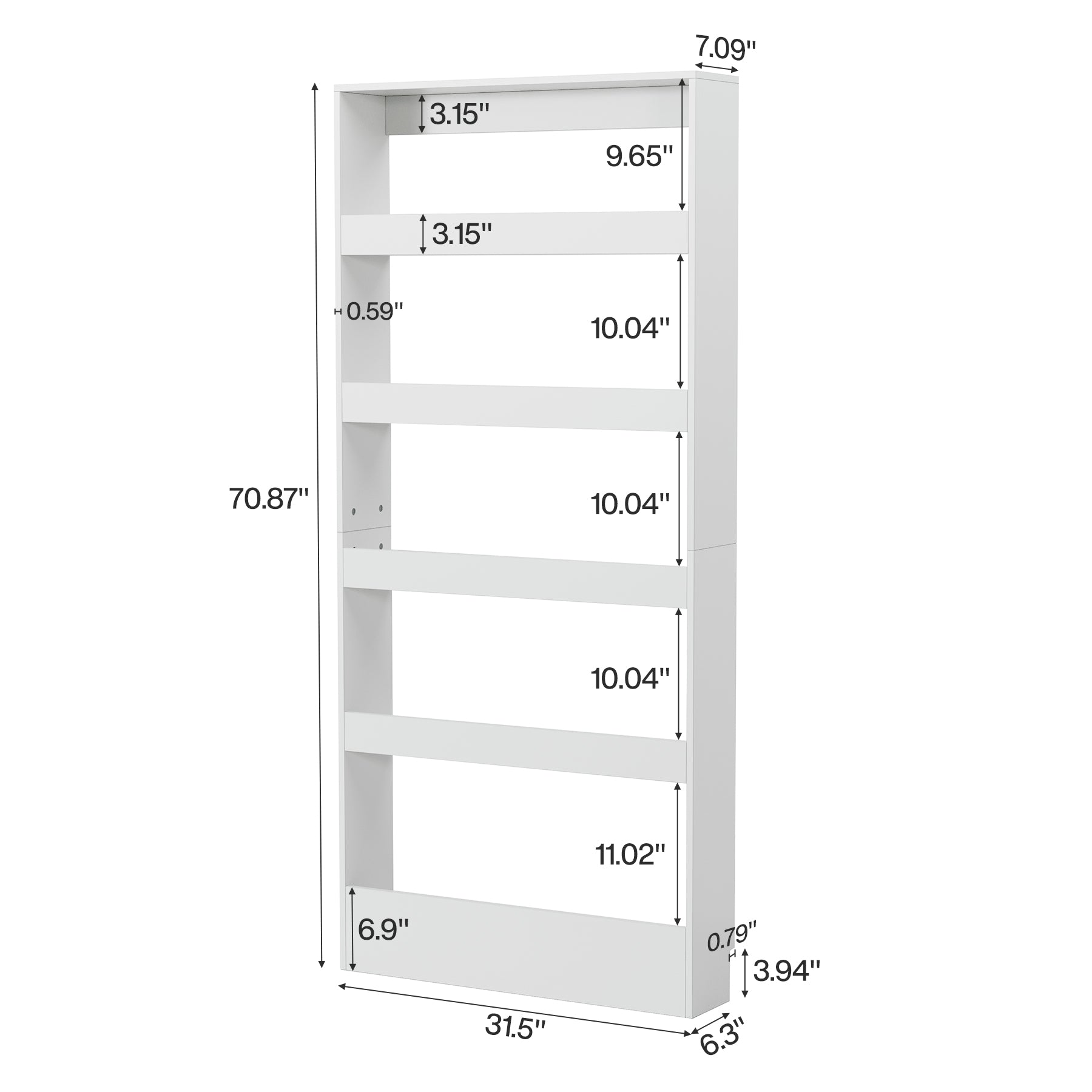 70.8" Slim Bookcase, 5-Tier Bookshelf Wall Mounted Organizer for Living Room & Kitchen