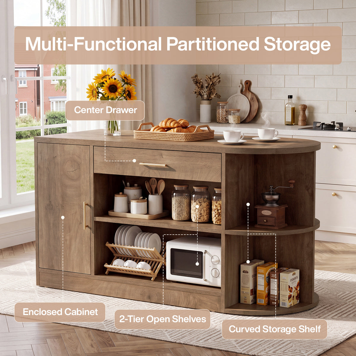 63" Home Bar Table with Drawer, Cabinet and Open Shelves for Kitchen