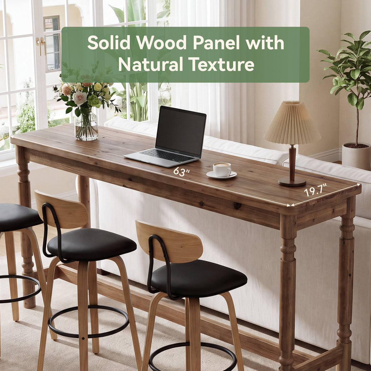 63" Solid Wood Bar Table for 4-6 with Footrest, Kitchen & Home Bar Pub Table