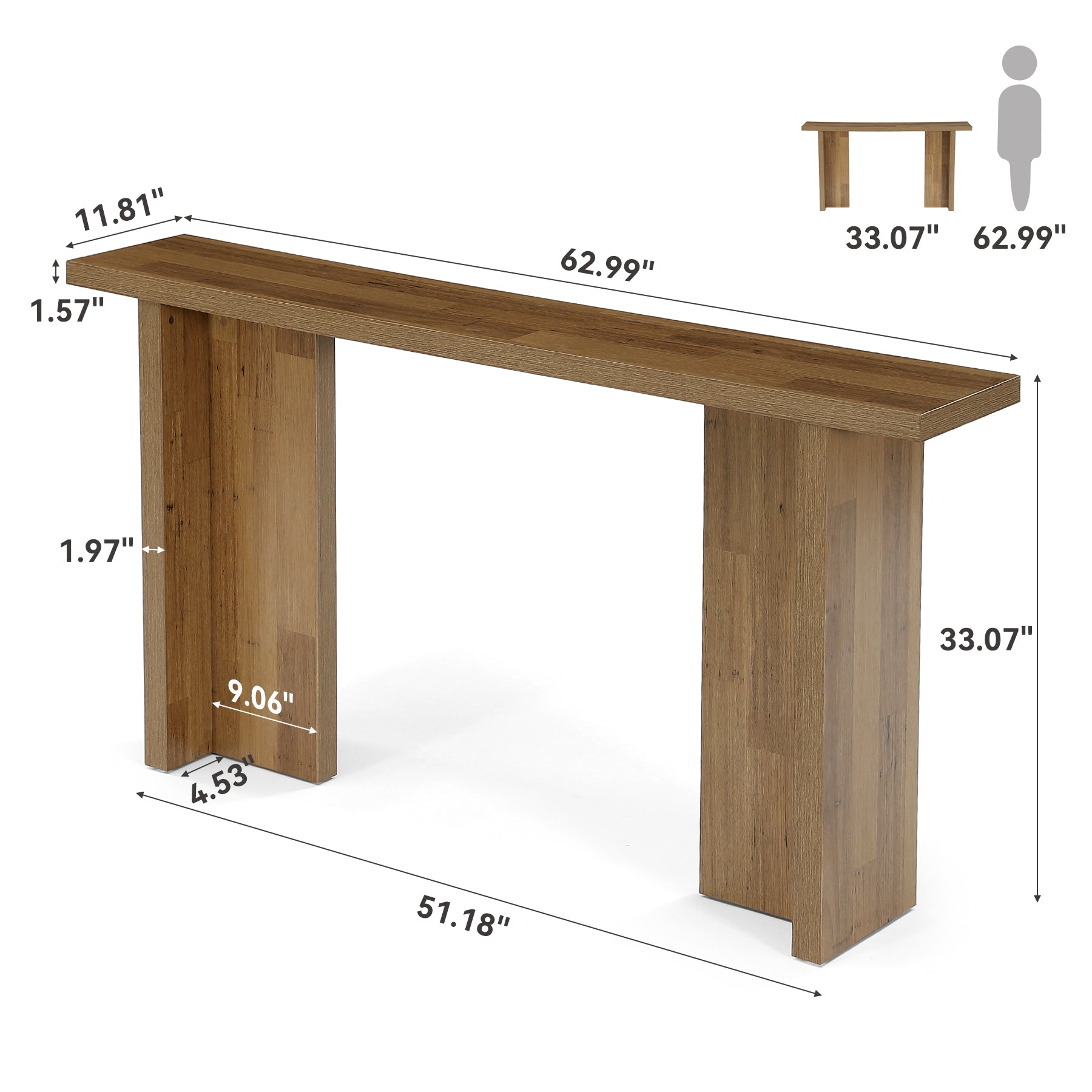 63" Narrow Console Table, Modern Entryway Sofa Table with Thick Wood-Grain Top