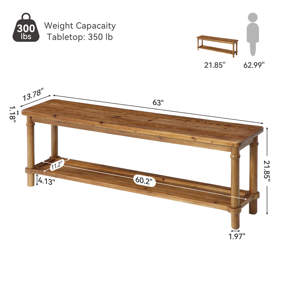 63" Solid Wood Entryway Bench, Farmhouse Shoe Storage Bench with 2-Tier Shelf for Hallway