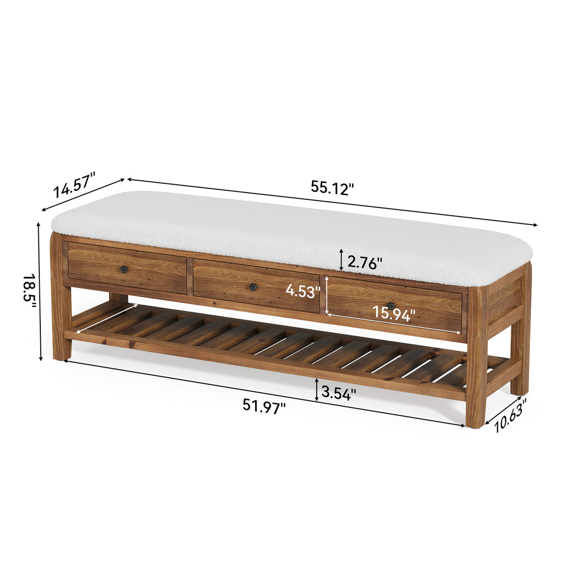 55" Solid Wood Entryway Bench with Cushion, 3 Drawers & Slatted Lower Shelf for Bedroom, Hallway