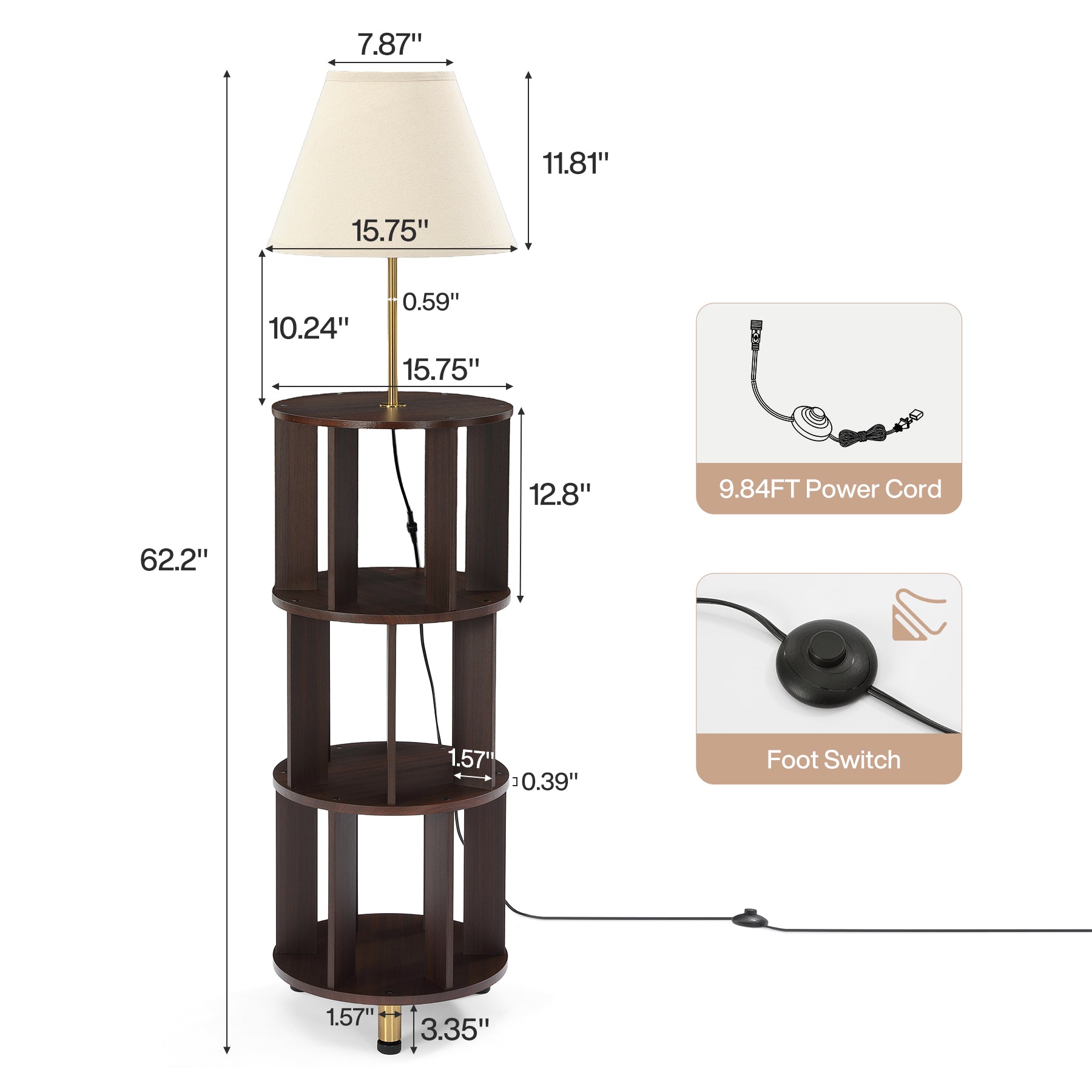 Floor Lamp with 3-Tier Open Bookshelf, 62.2" Tall Standing Lamp for Home Office
