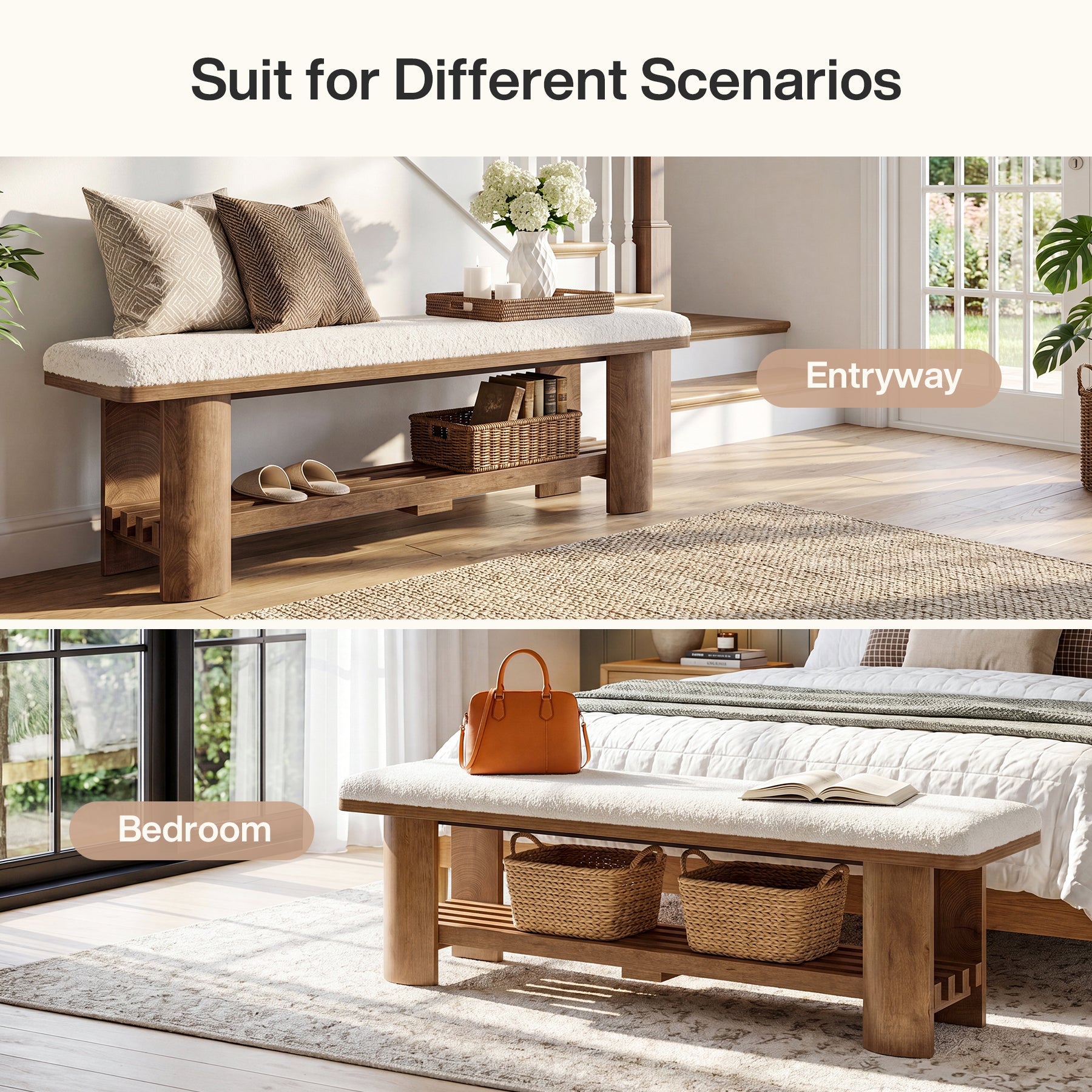 62.9" End of Bed Bench with Faux Lamb Wool Cushion for Bedroom