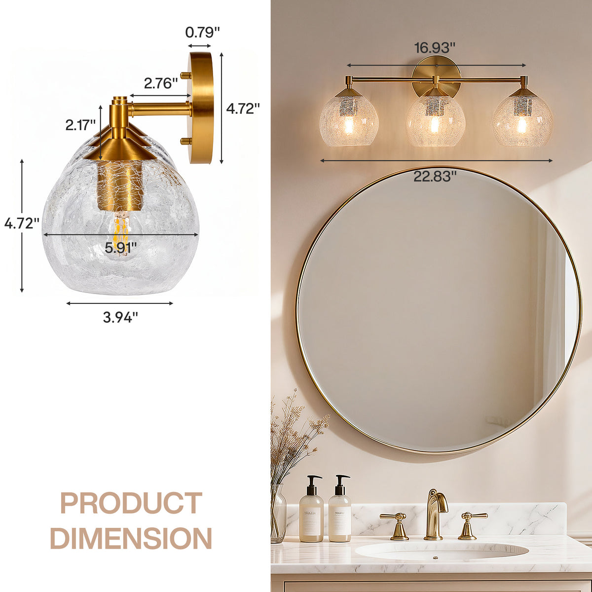 3-Light Bathroom Dimmable Vanity Light，Broken glass design