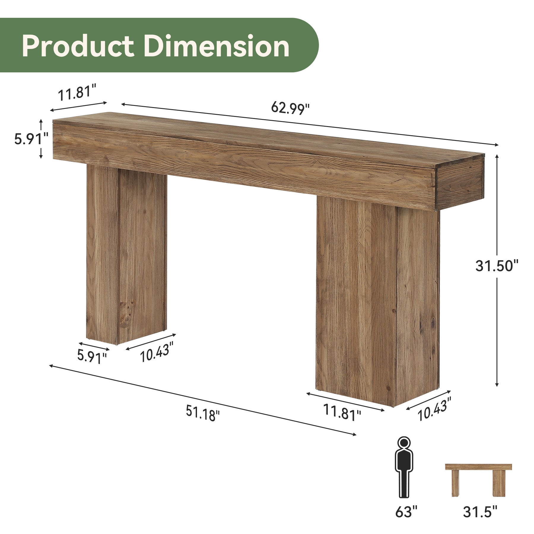 63" Solid Wood Farmhouse Console Table with Artistic Legs, Heavy-Duty Sofa Table