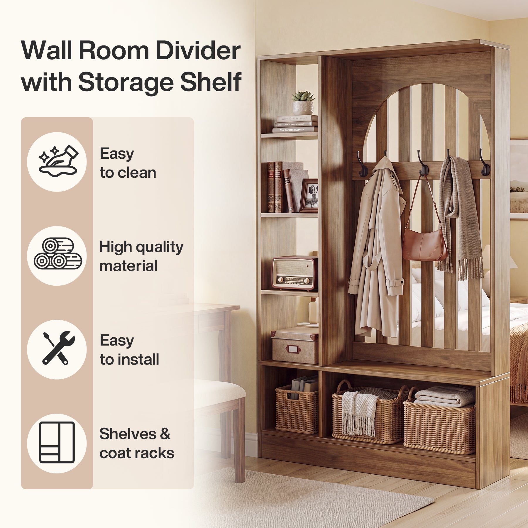 70.9" Tall Room Divider, Freestanding Wall Divider Partition with Storage Shelves