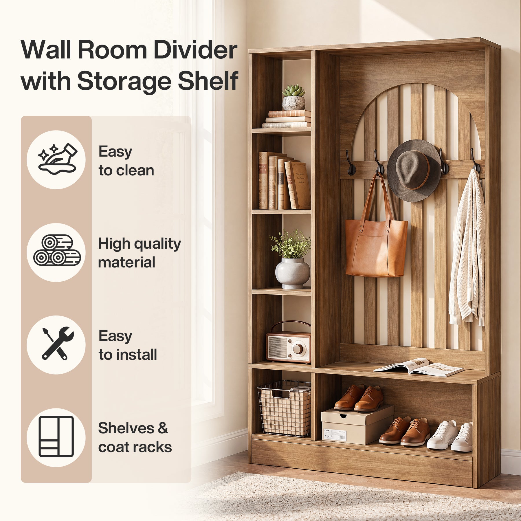 70.9" Freestanding Hall Tree, Furniture Organizer with Bench and Coat Rack