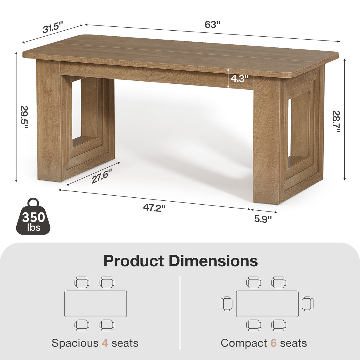 63" Dining Table for 4-6, Rectangular Kitchen Table with Rounded Edges & Sturdy Base