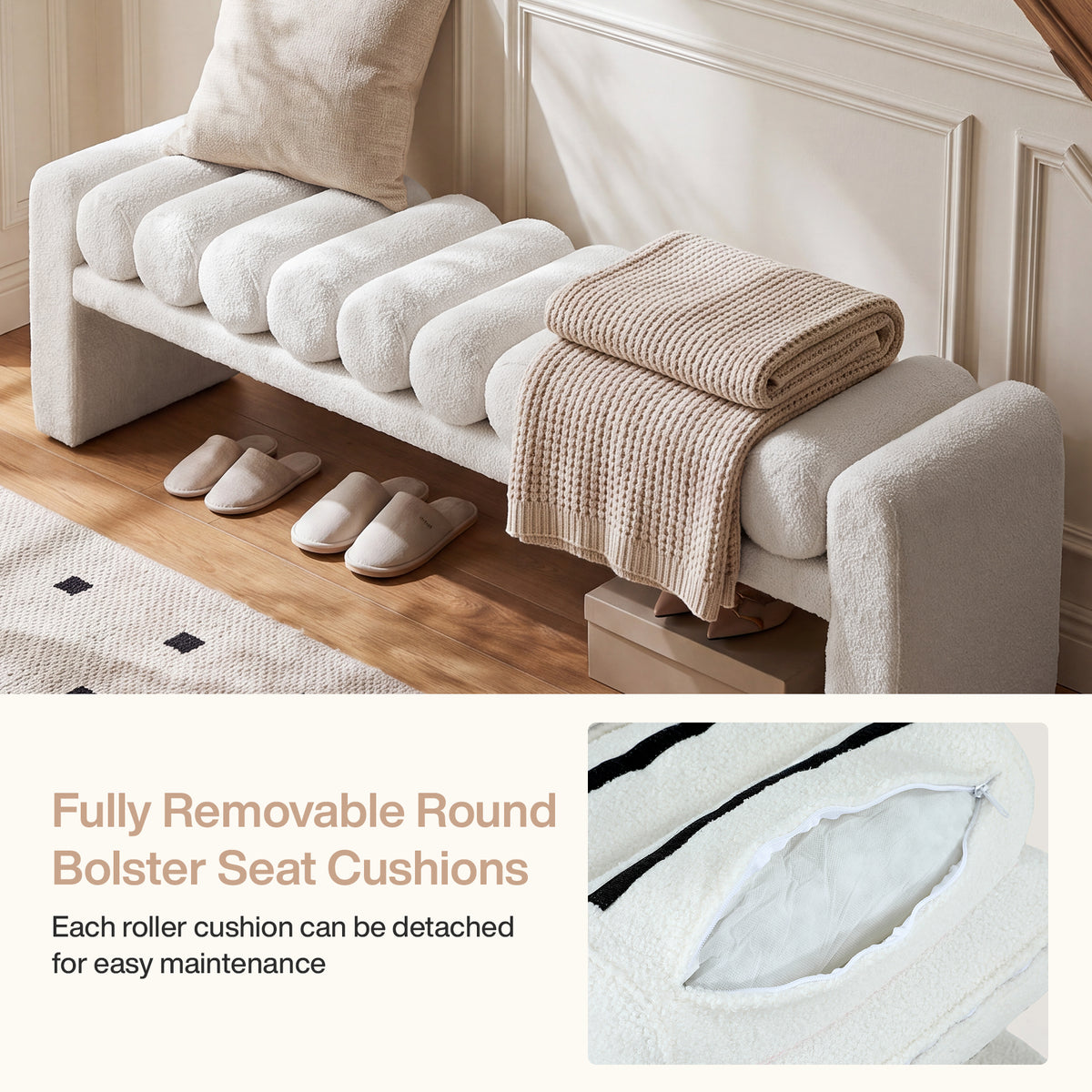 63" Modern Upholstered Entryway Bench with Removable Faux Lamb Wool Roll Cushions