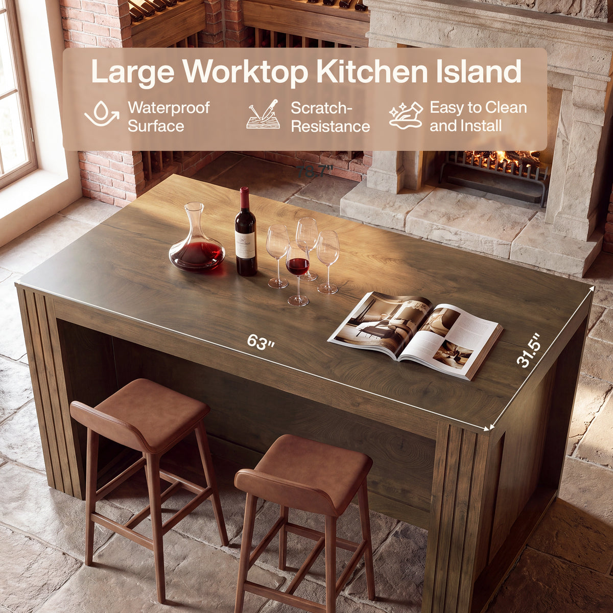 63" Kitchen Island with Seating Space for 4, Wood Island Table with Two-Sided Legroom
