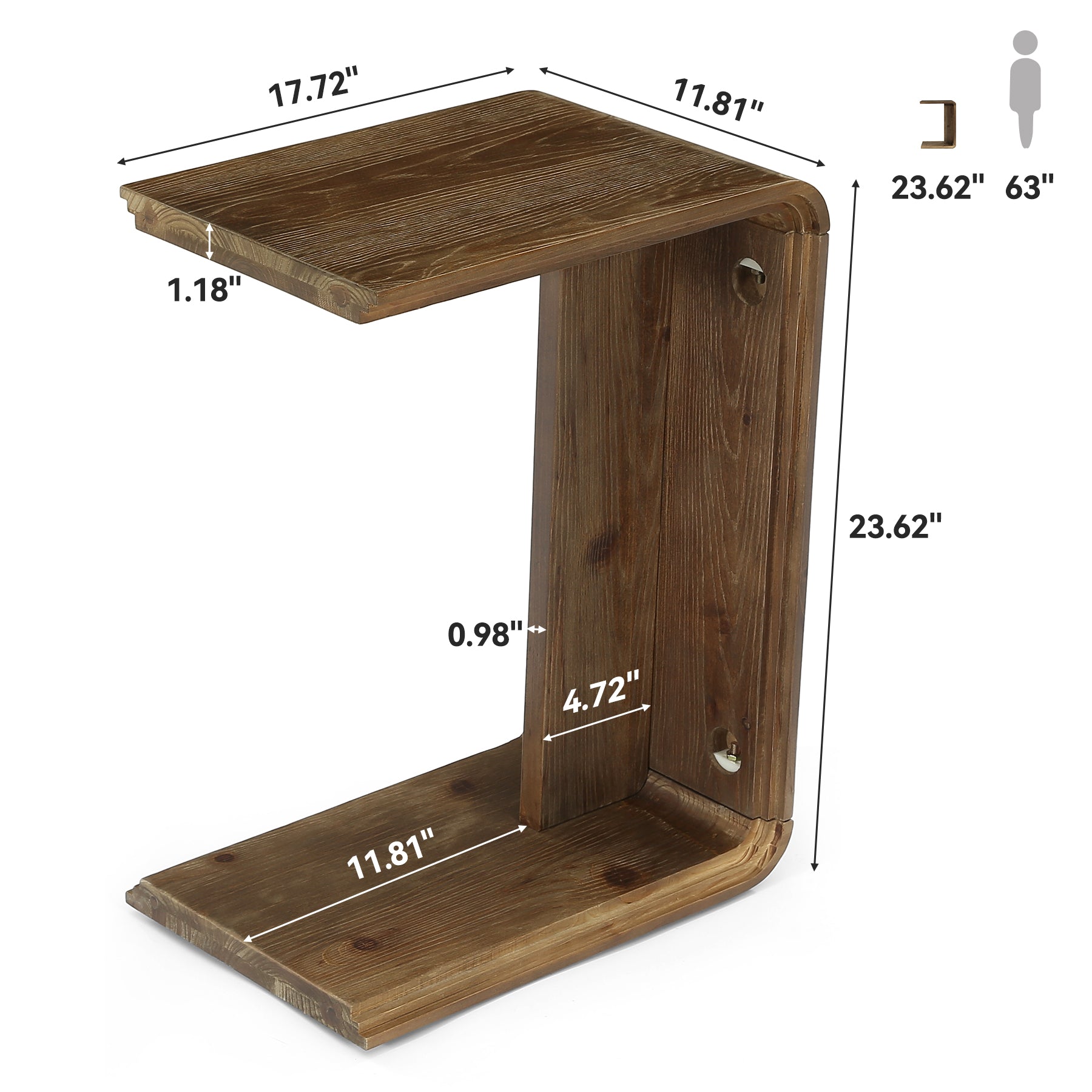 C-Shaped Solid Wood End Table for Sofa Side, Narrow Side Table for Living Room and Bedroom