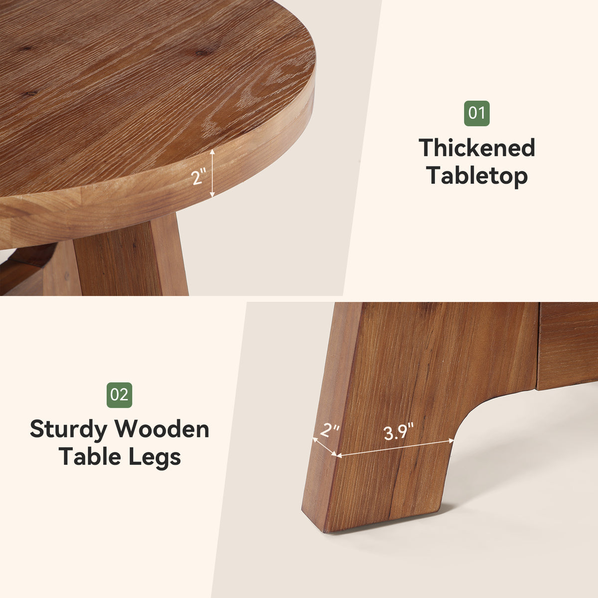 32" Round Solid Wood Coffee Table, Farmhouse 2" Thick Top & Tapered Legs