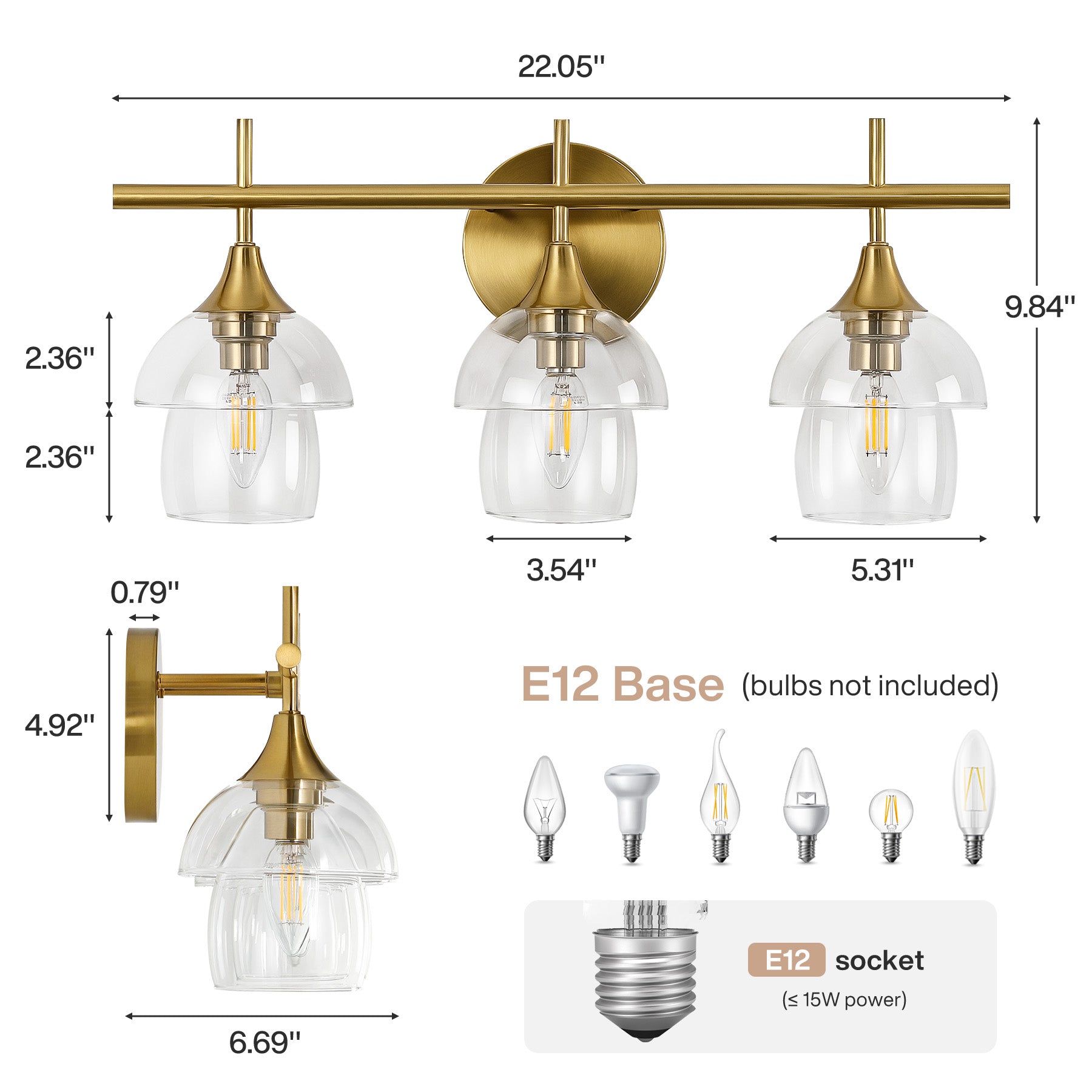 3-Light Bathroom Vanity Light, Modern Wall Sconce with Clear Glass Shades