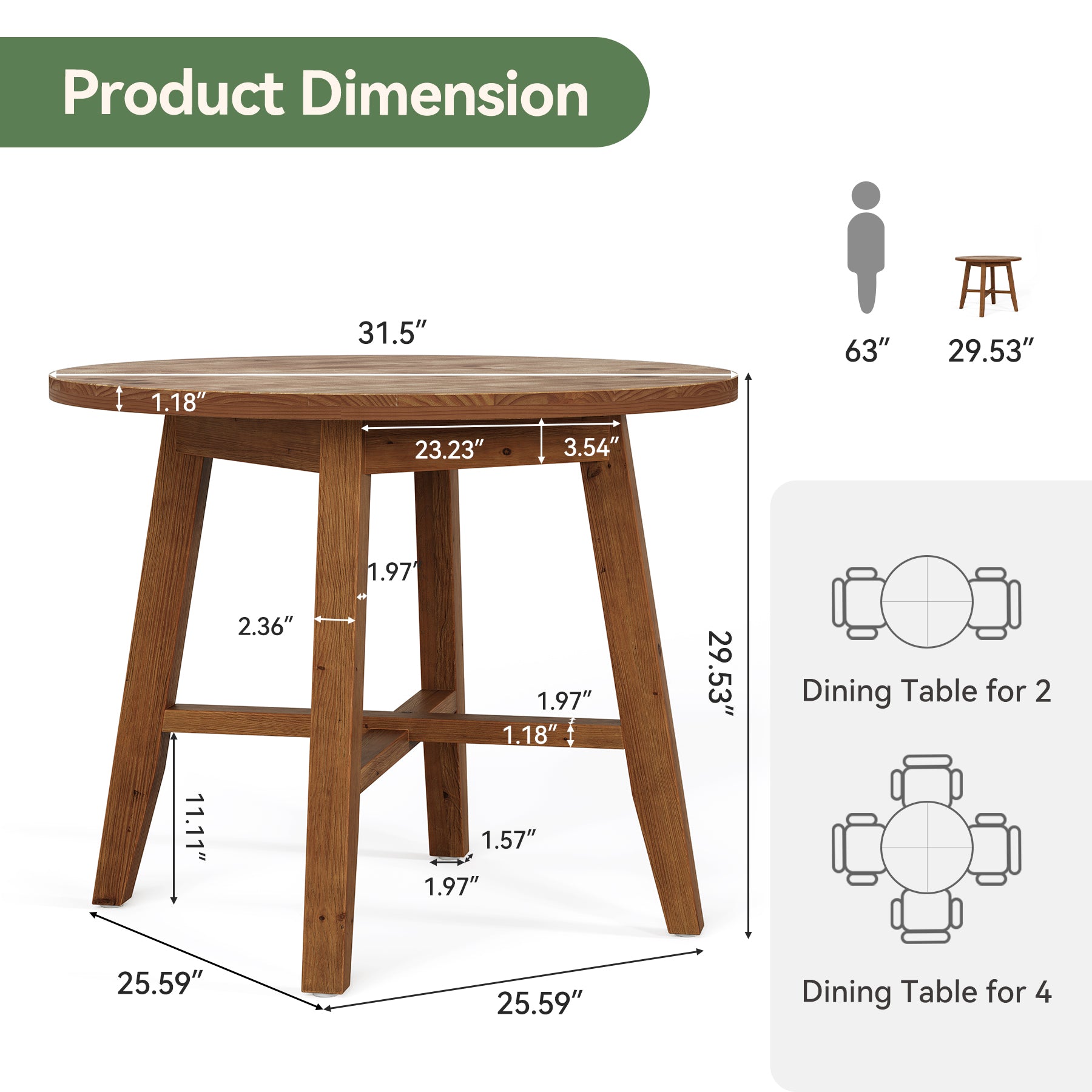 Solid Wood Round Dining Table, 31.5" Farmhouse Kitchen Table for 2-4