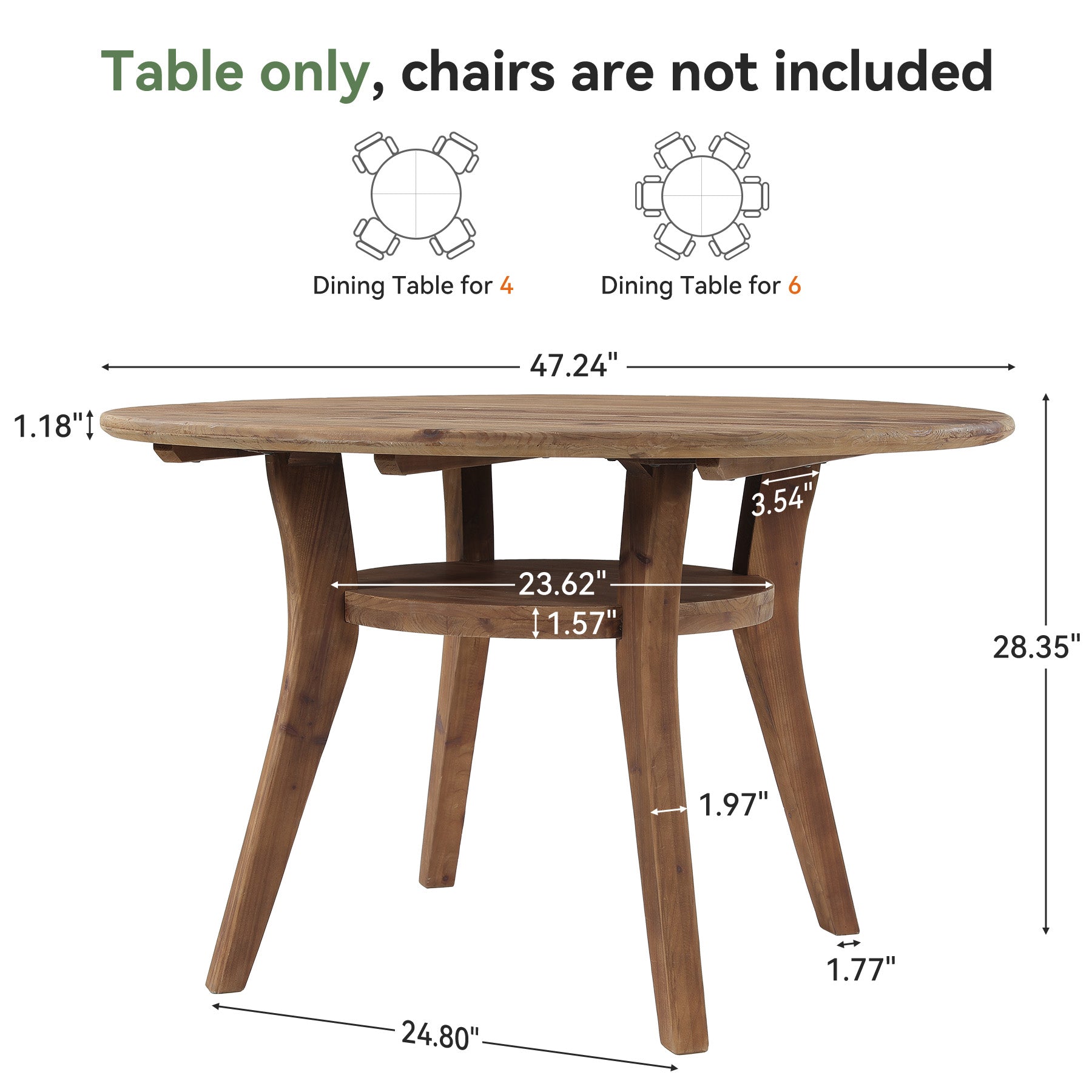 47" Round Dining Table with Storage Shelf, Solid Wood Kitchen Table, 2-Tier