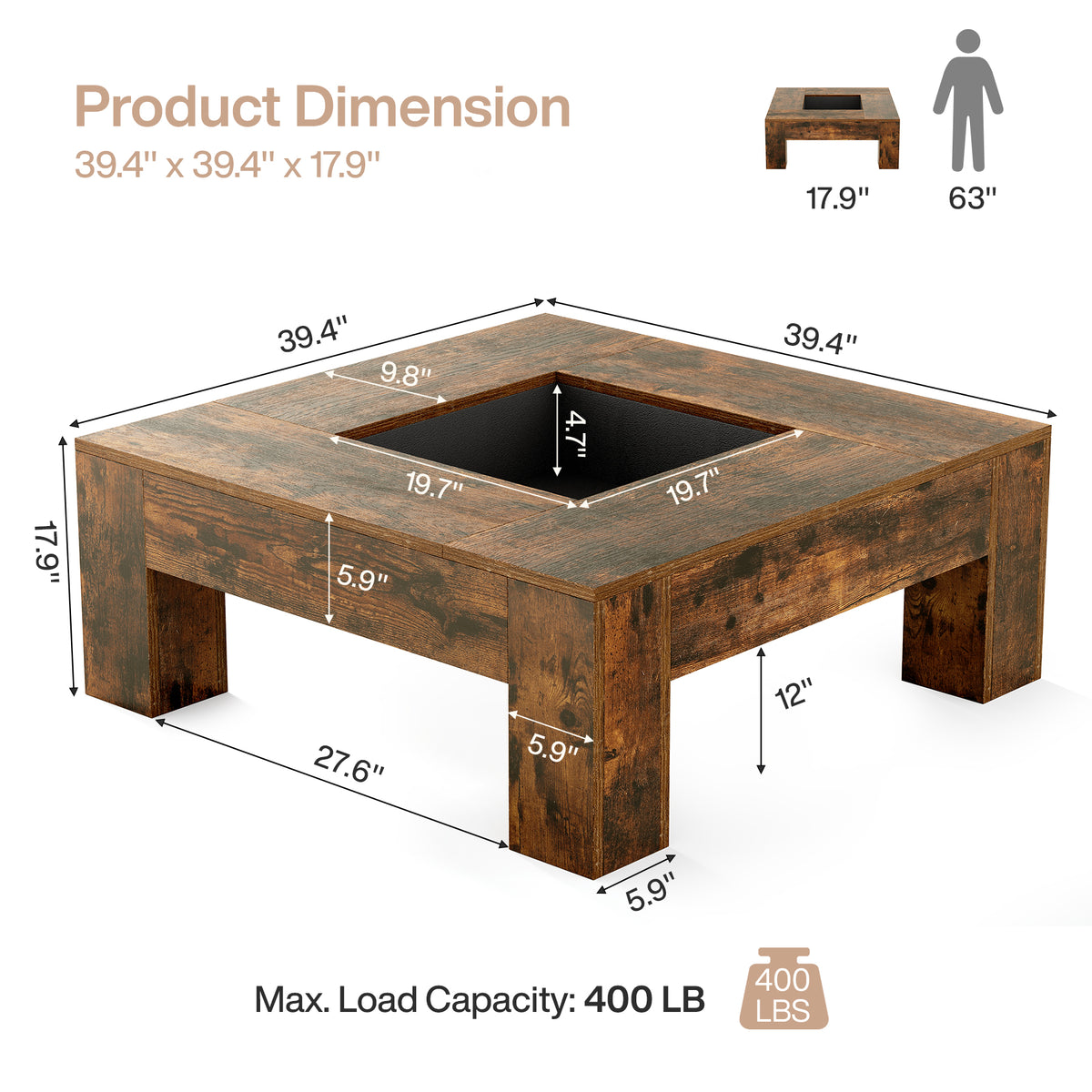39.4" Square Coffee Table, Farmhouse Center Table with Recessed Center Display