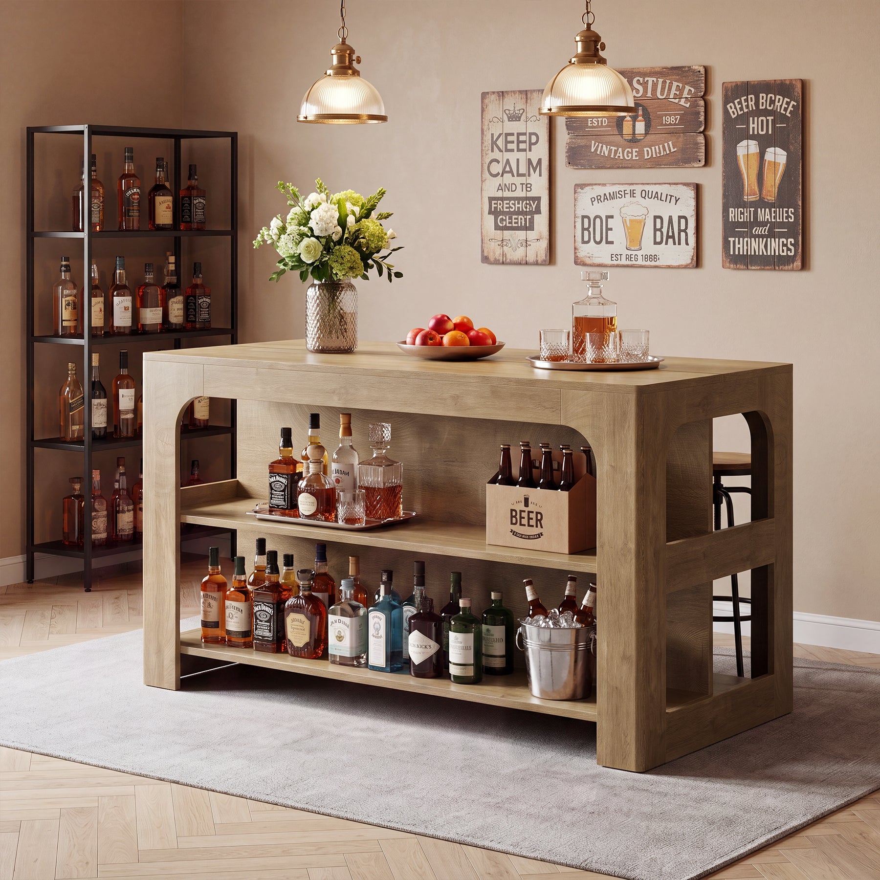 55"  Bar Table Home Bar Unit, 3-Tier Counter Height Pub Table with Storage for Kitchen