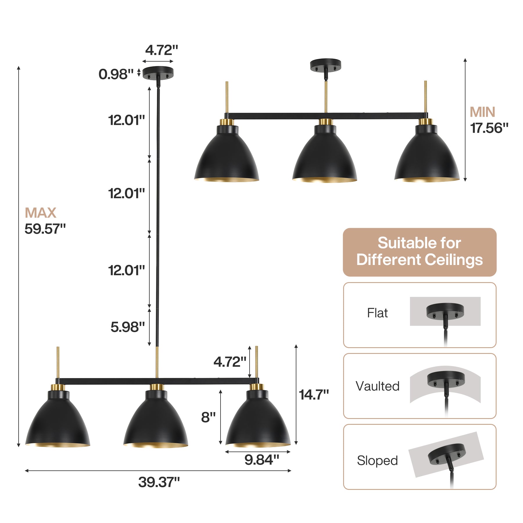 3-Light Linear Pendant Lighting, Kitchen Island Light Fixture with Adjustable Rods