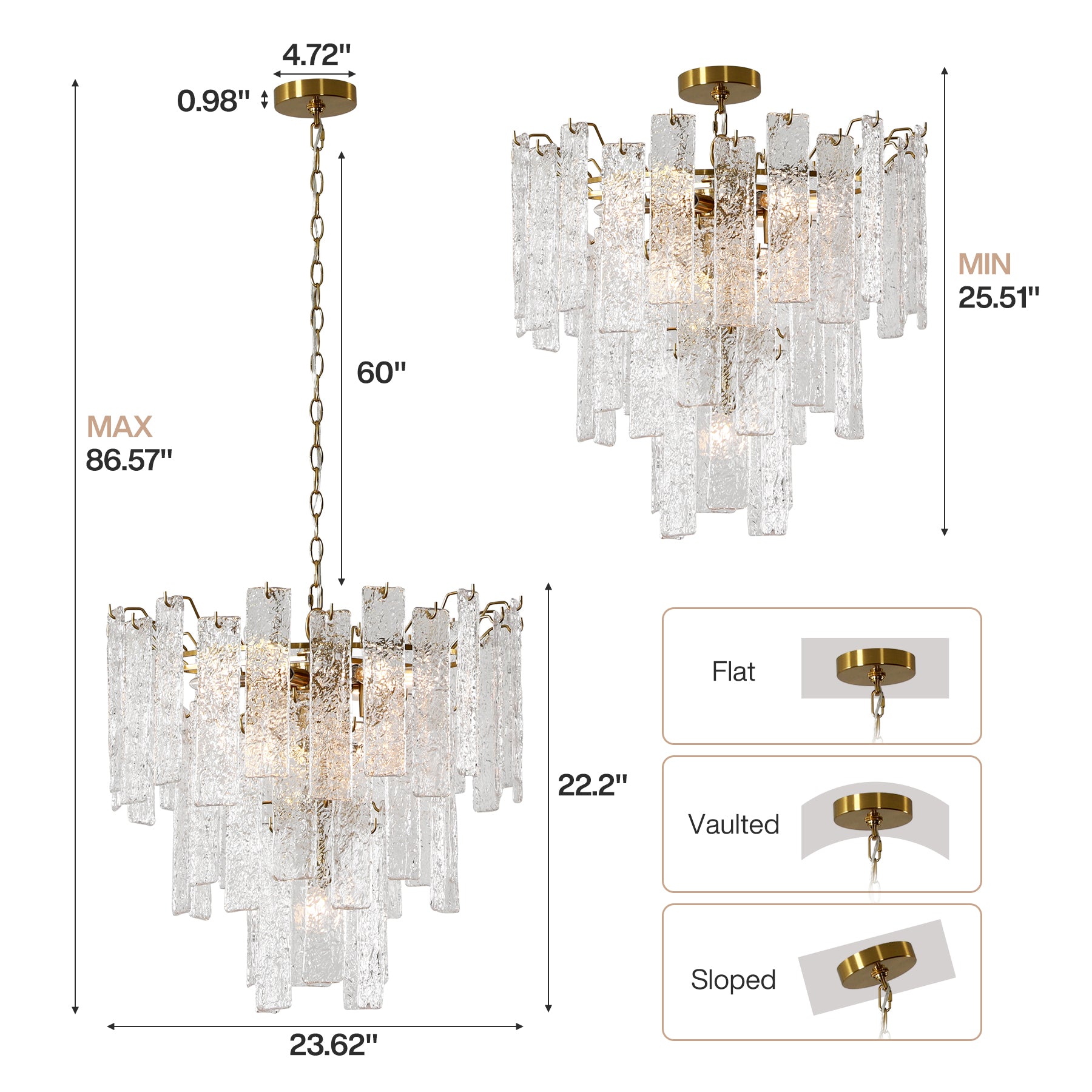 23.6” Modern Chandelier, 10-Light Water Ripple Glass Pendant Ceiling Light