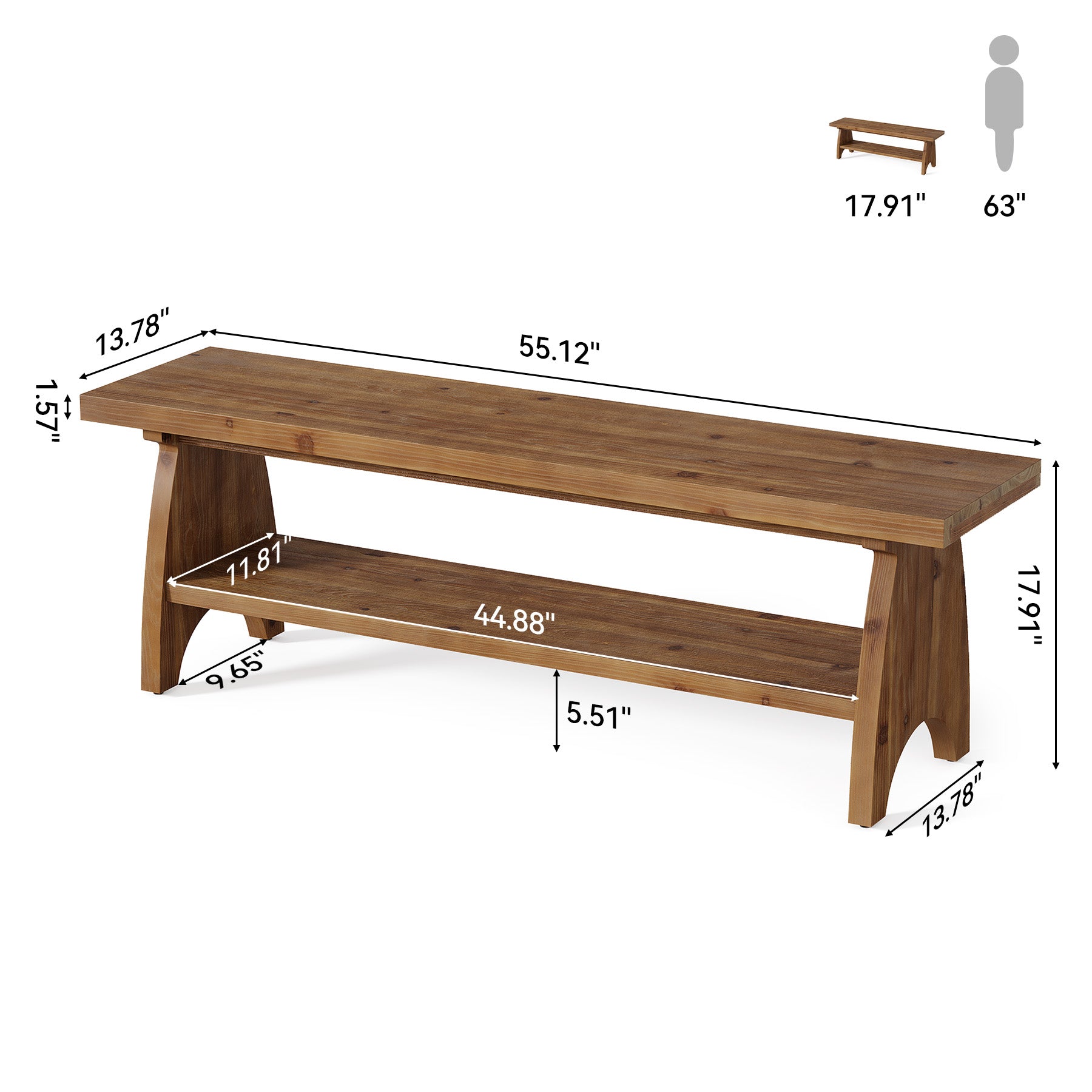55" Farmhouse Entryway Bench with Shoe Storage & Open Shelf, Solid Wood, Hallway