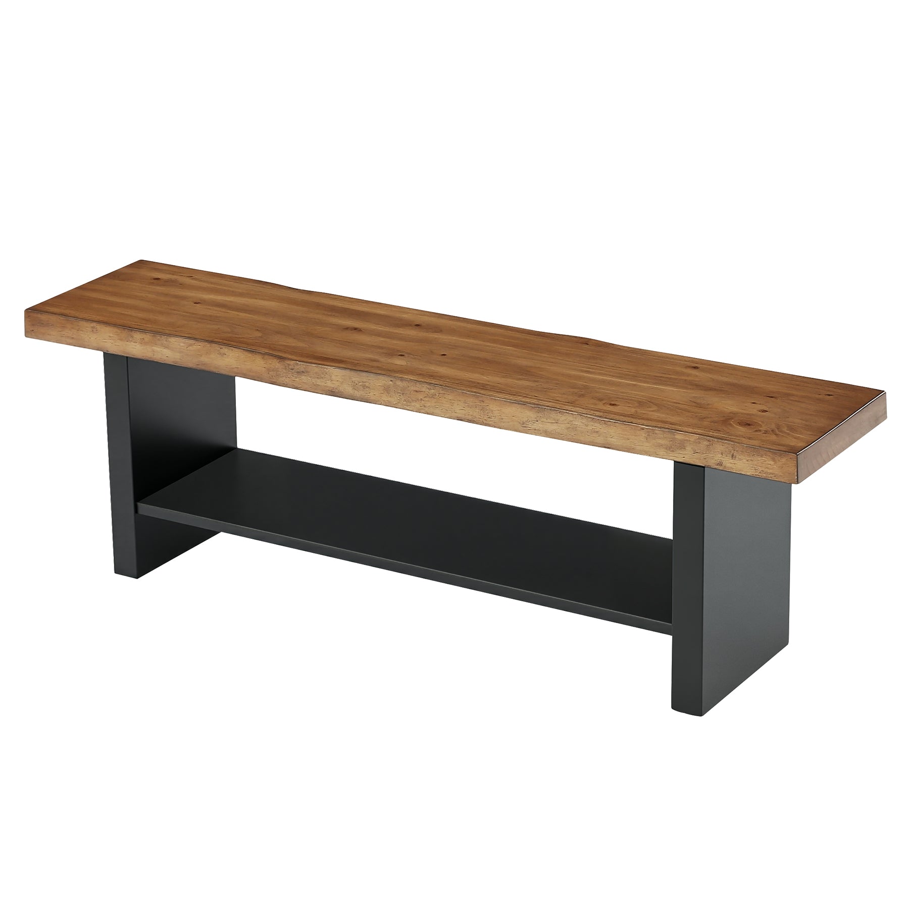 55" Solid Wood Entryway Bench, 2-Tier Farmhouse Bench with Shoe Storage