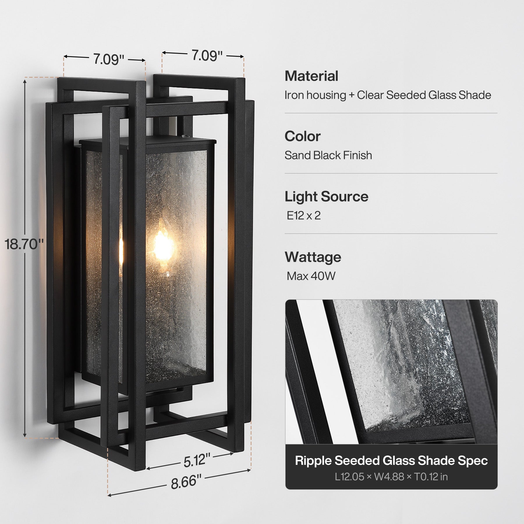 2-Light Outdoor Wall Sconce, 18.7" Exterior Wall Lighting Fixtures with Seeded Glass Shade