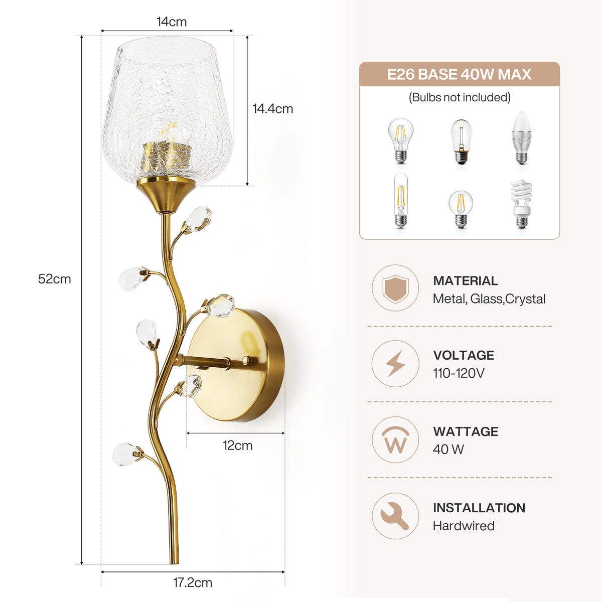20" Gold Floral Wall Sconce, Crystal Wall Light with Crackle Glass Shade