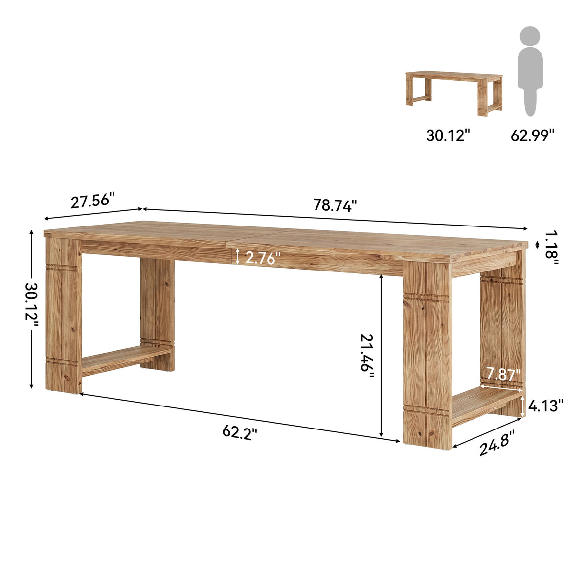 Solid Wood 2-Person Desk, 78.7" Extra-Long Computer Desk for Home Office