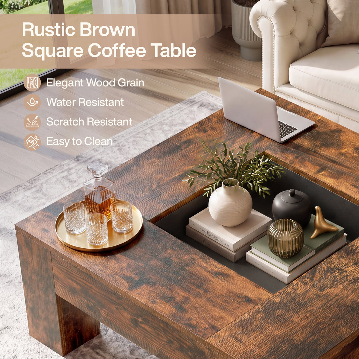 39.4" Square Coffee Table, Farmhouse Center Table with Recessed Center Display