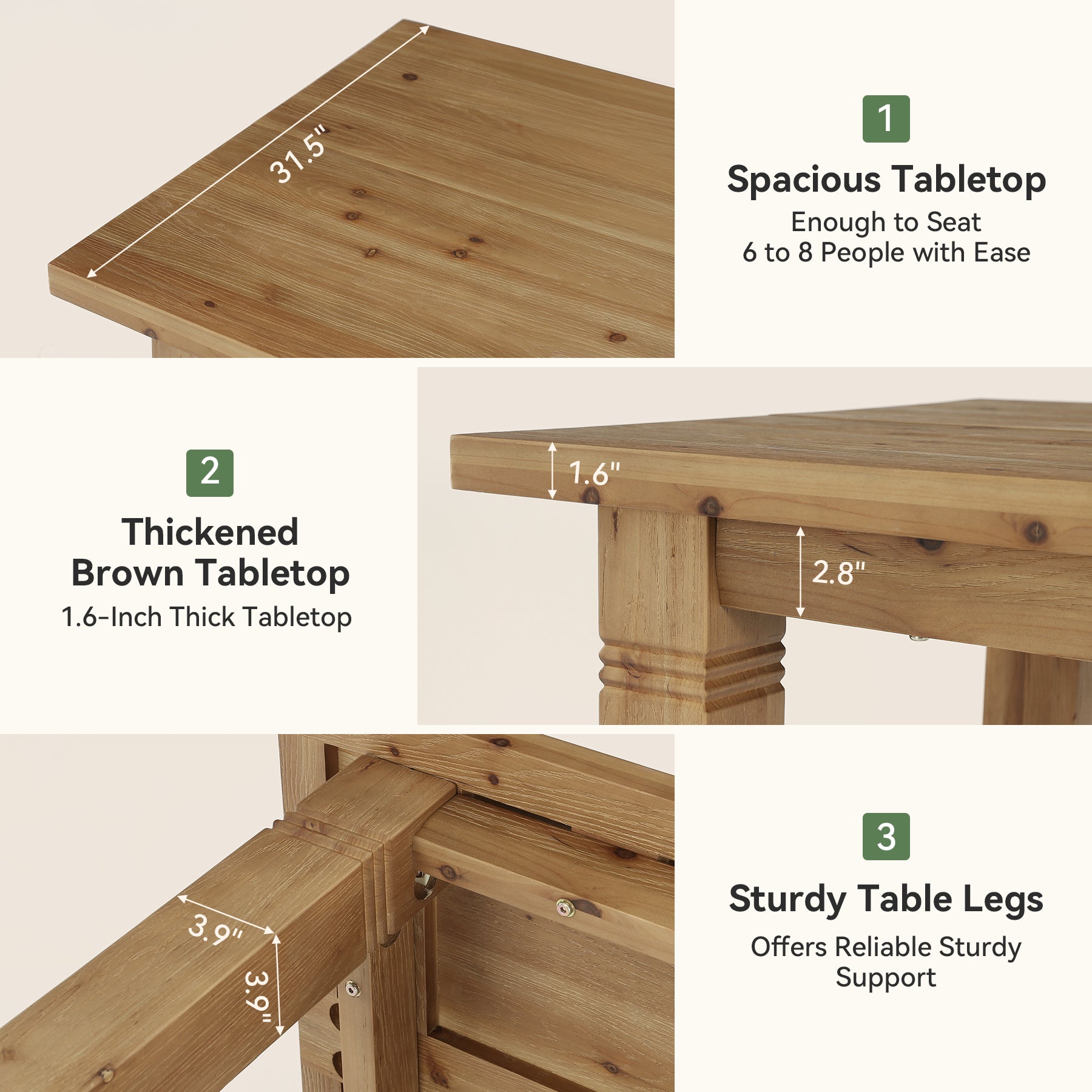 63" Solid Wood Dining Table for 4-6 People, Rectangular Kitchen Tables with Sturdy Legs