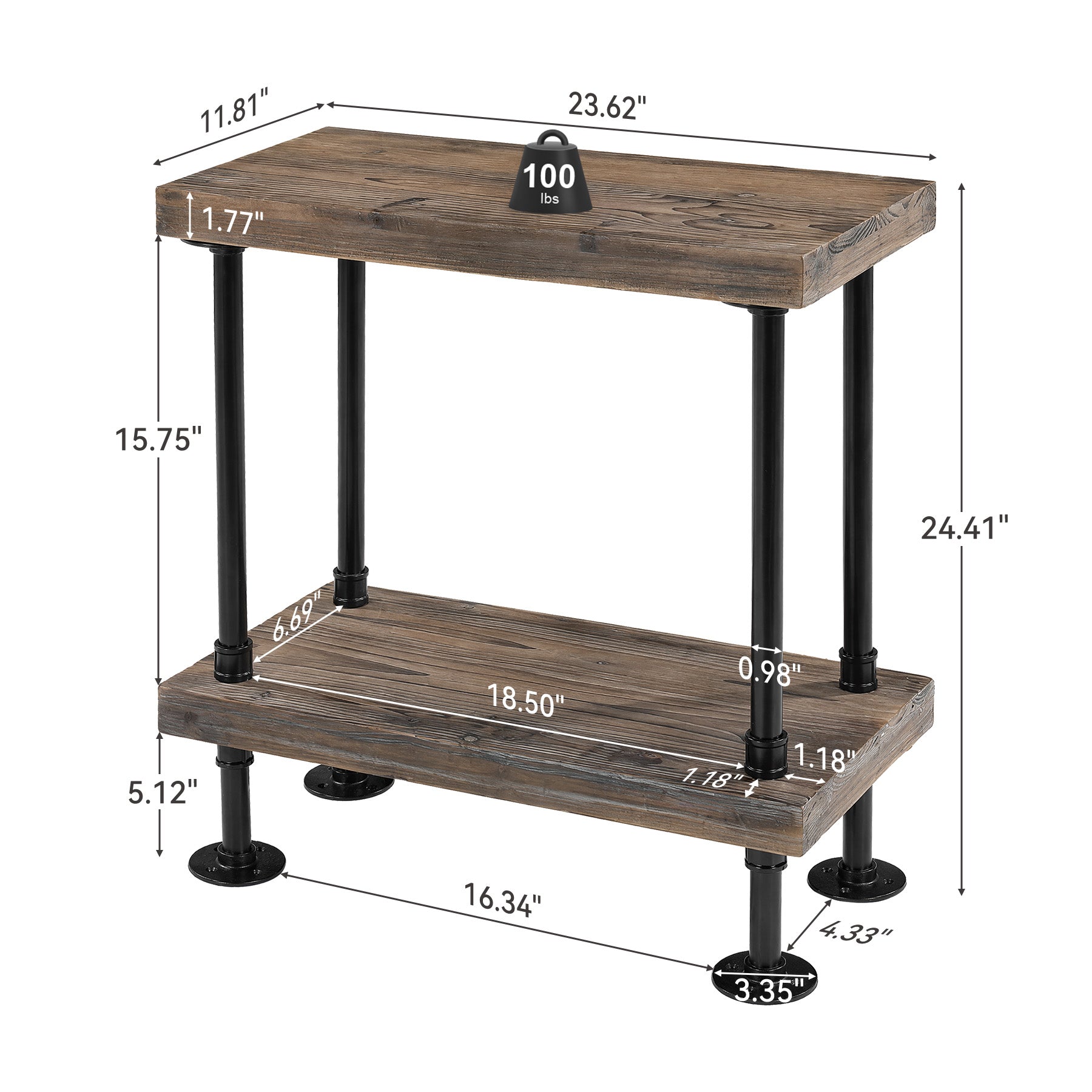 2-Tier Solid Wood End Table, Rectangle Side Table with Open Shelves & Metal Frame