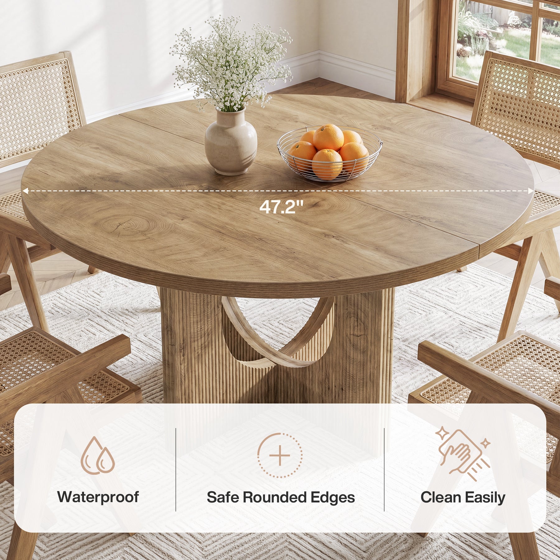 Tribesigns 47-Inch Round Dining Table with Fluted Pedestal Base, Farmhouse Kitchen Table for 4-6 People and Apartments
