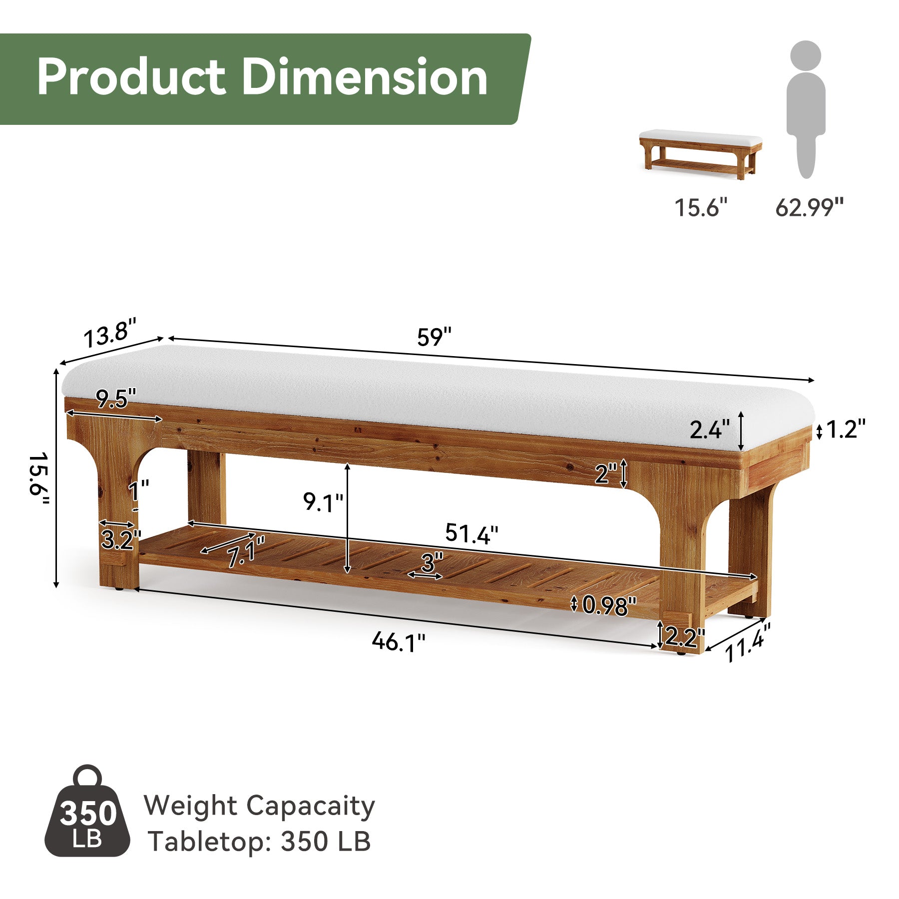 59" Entryway Bench with Boucle Cushion, Slatted Storage Shelf, Rustic Solid Wood, Hallway