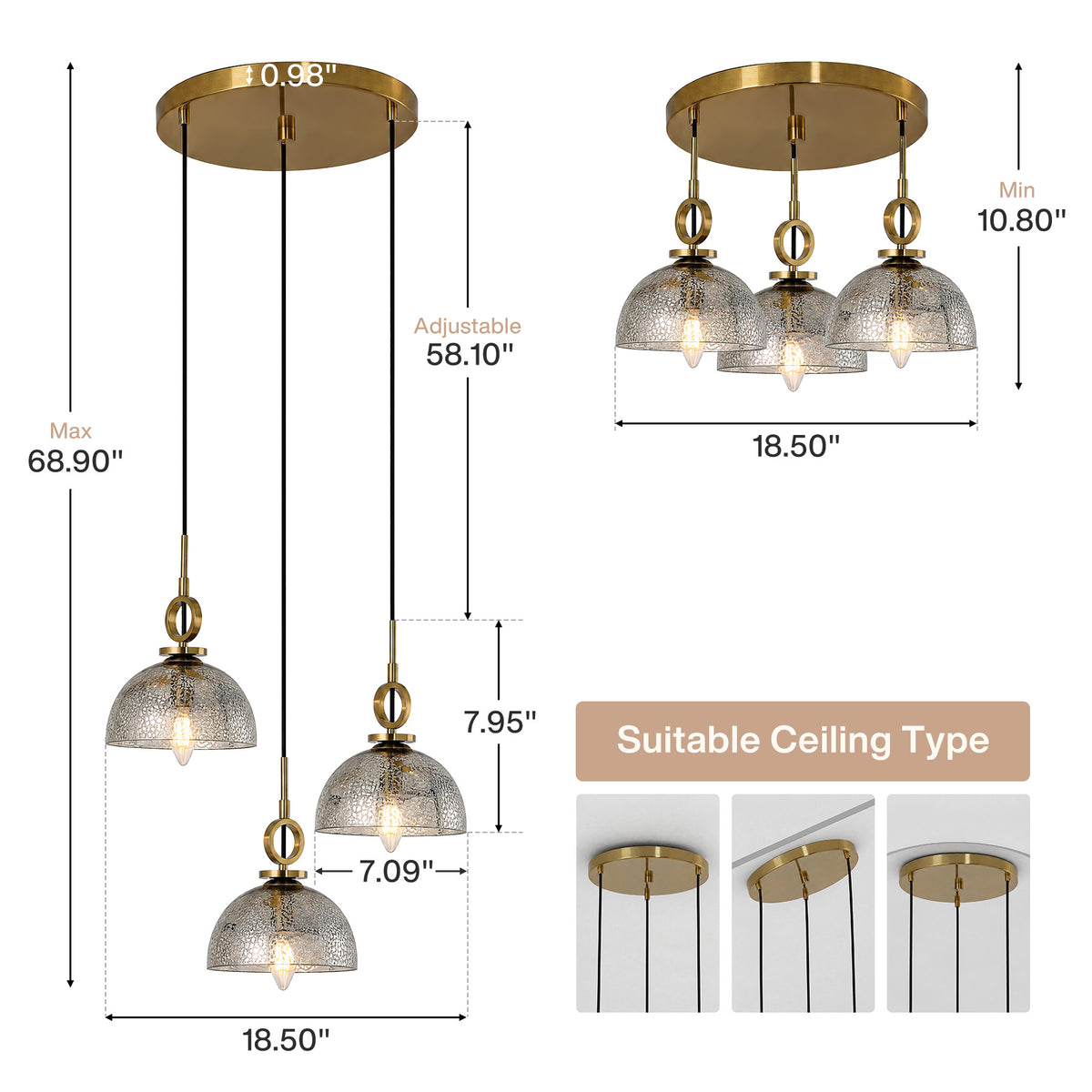 3-Light Modern Gold Dome Pendant Light, Crackle Glass Shade
