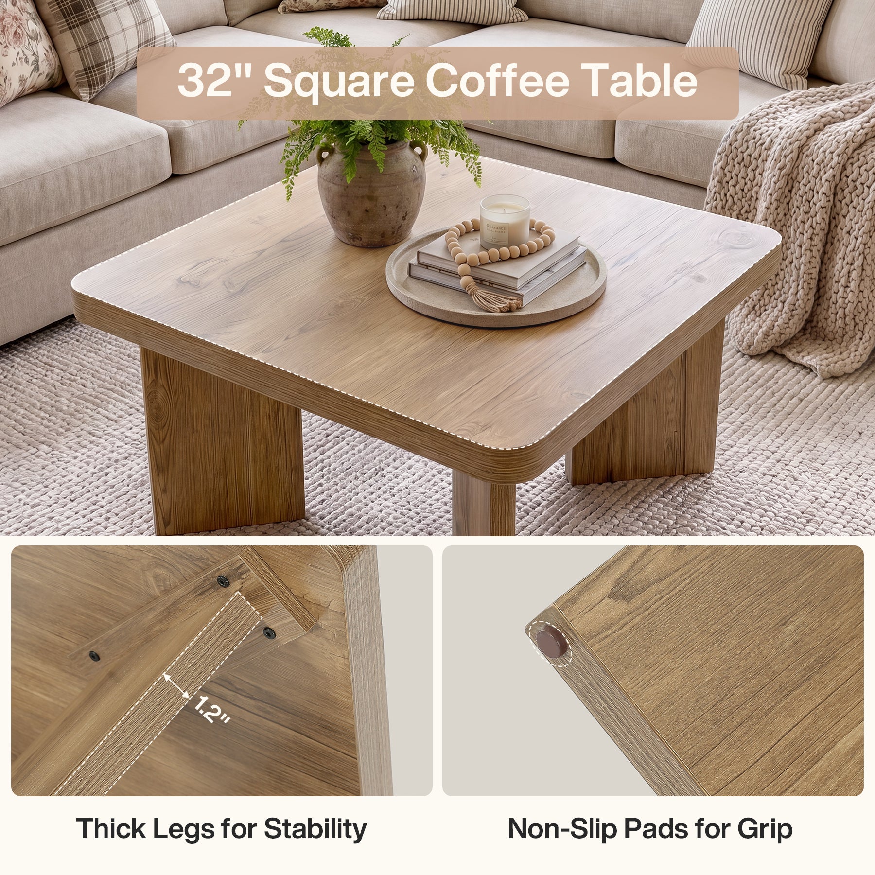 Tribesigns 31.5-Inch Farmhouse Coffee Table with Thickened Tabletop, Square Wood Center Table for Small Spaces