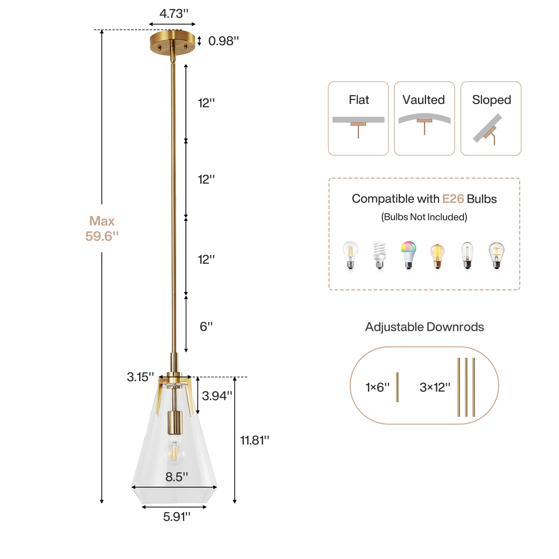 8.5" Single Pendant Light , Modern Hanging Light Fixture with Clear Glass Shade