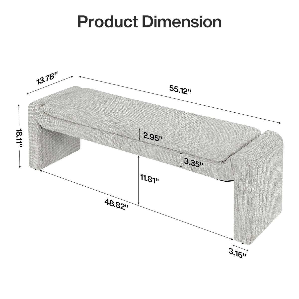 55" Entryway Bench with Chenille Fabric Cushion, Upholstered  End of Bed Bench for 2-3