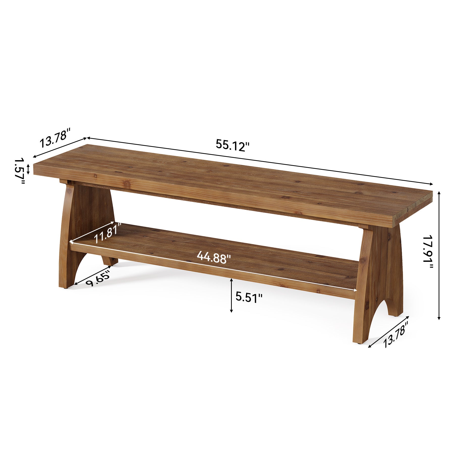 55" Farmhouse Dining Bench, Open Storage Shelf, Solid Wood Kitchen Table Bench