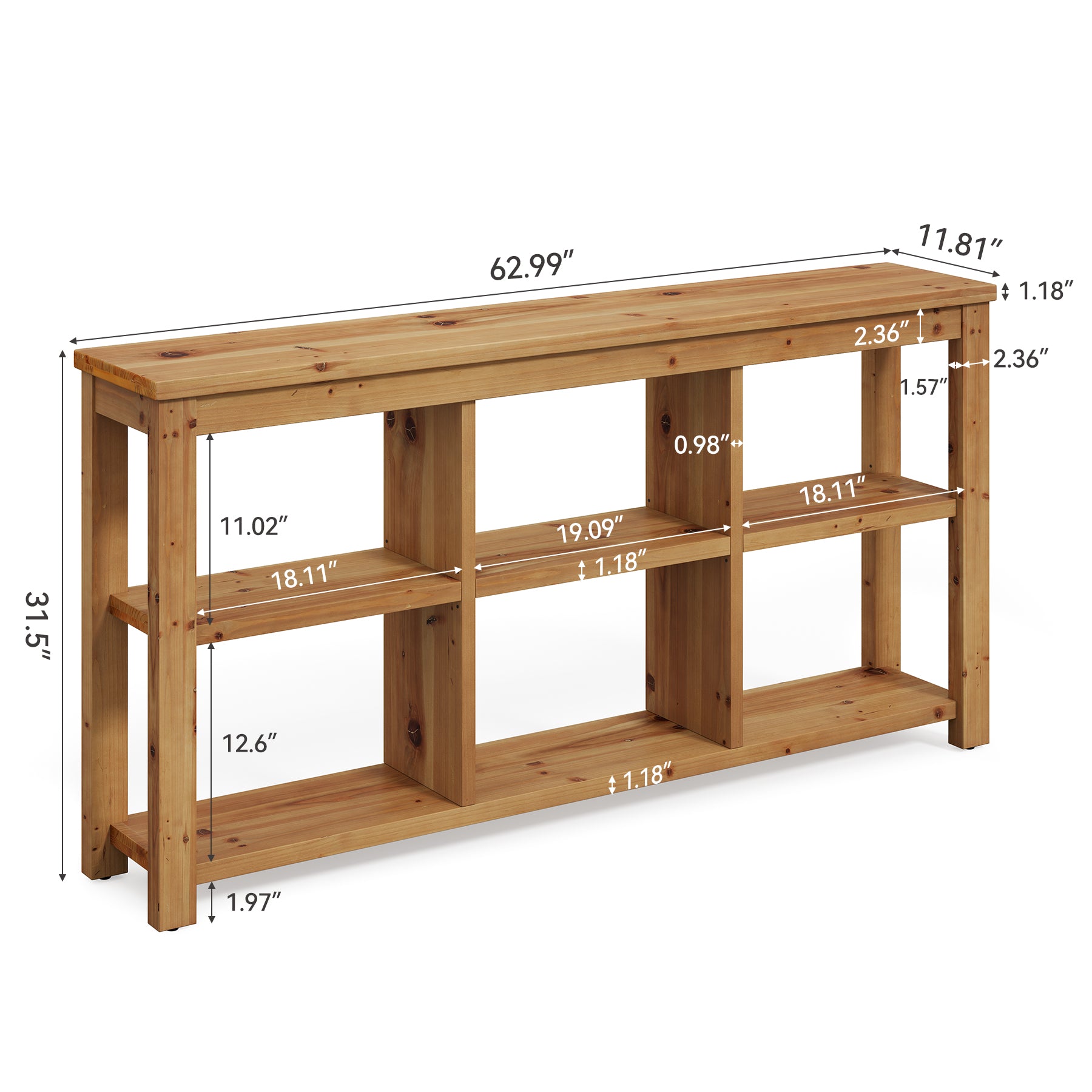 63" Console Table, 3-Tier Solid Wood Sofa Table with 6 Storage Cubes