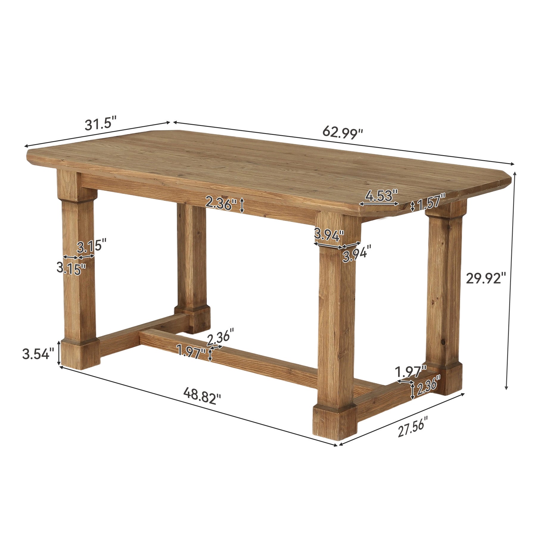 63" Solid Wood Dining Table for 4–6, Farmhouse Rectangular Kitchen Table with Heavy-Duty Legs & Crossbar Support