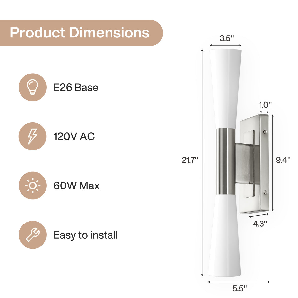 21.7" Silver Wall Sconce, 2-Light Modern Wall Light with Frosted Glass Shade