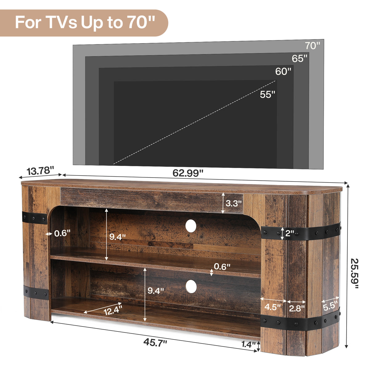 63" TV Stand for 70" TVs, 3-Tier Entertainment Center with 2 Cable Cutouts for Living Room