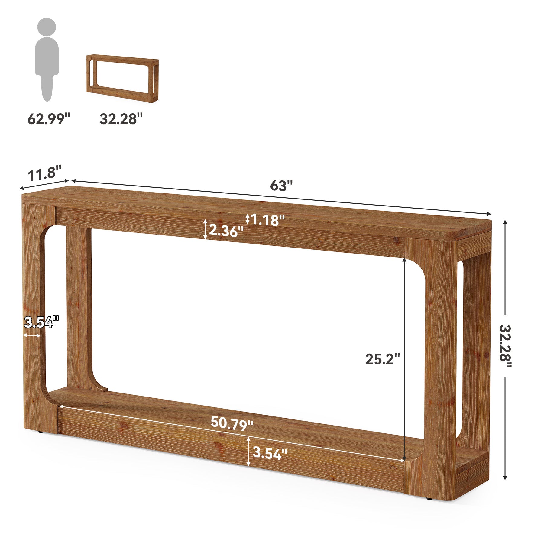 63" Solid Wood Console Table, 2-Tier Narrow Sofa Table Behind The Couch