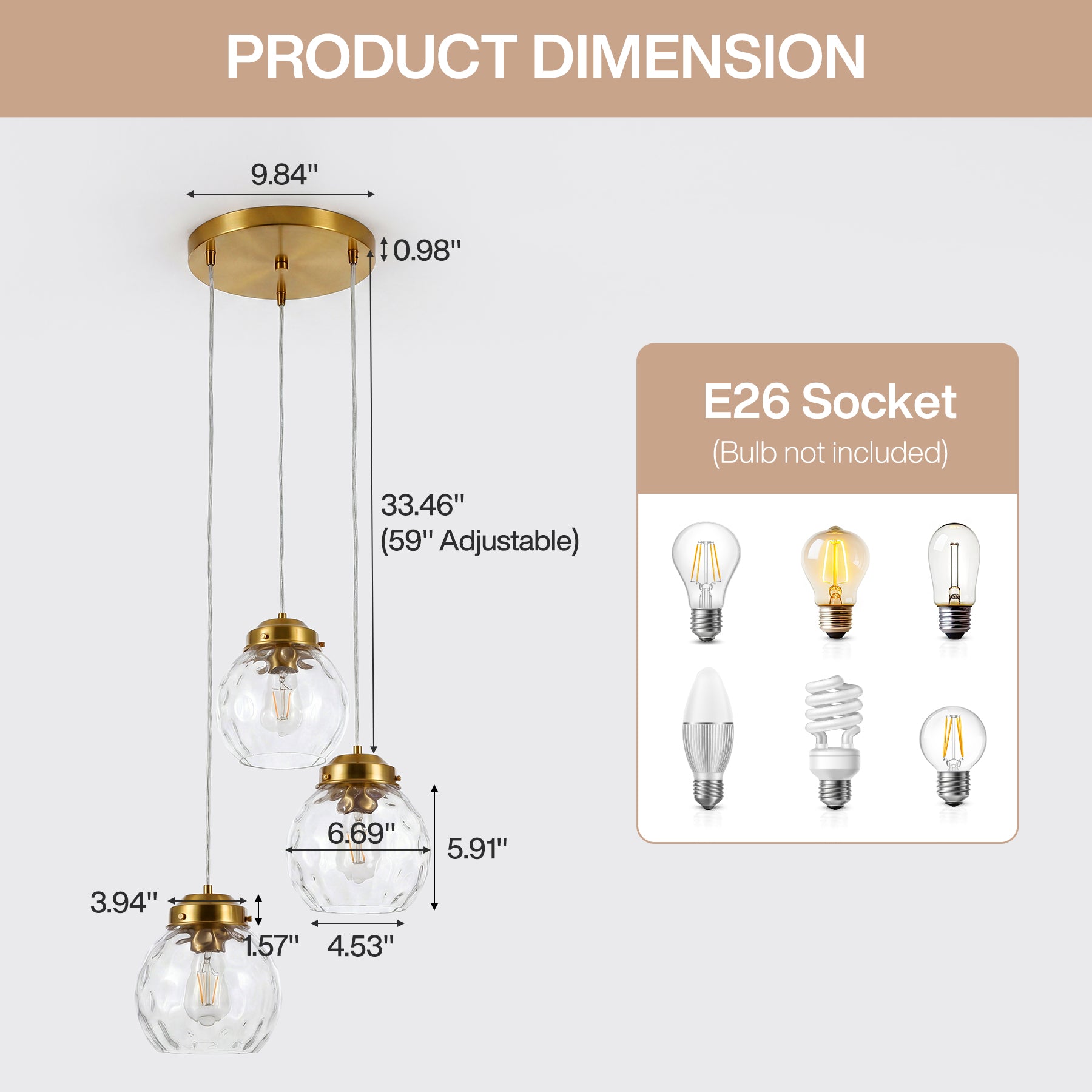 3-Light Pendant Lighting Fixtures with Adjustable Hanging Cords, Hammered Glass Globe Shades
