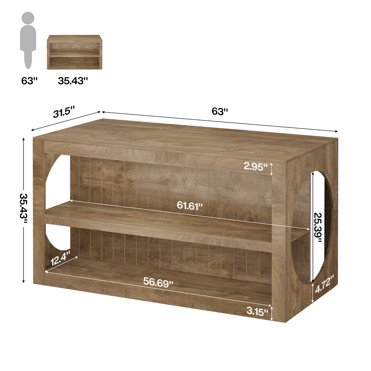 63" Farmhouse Kitchen Island with Seating, 3-Tier Storage, Large Countertop, Dining Room Table