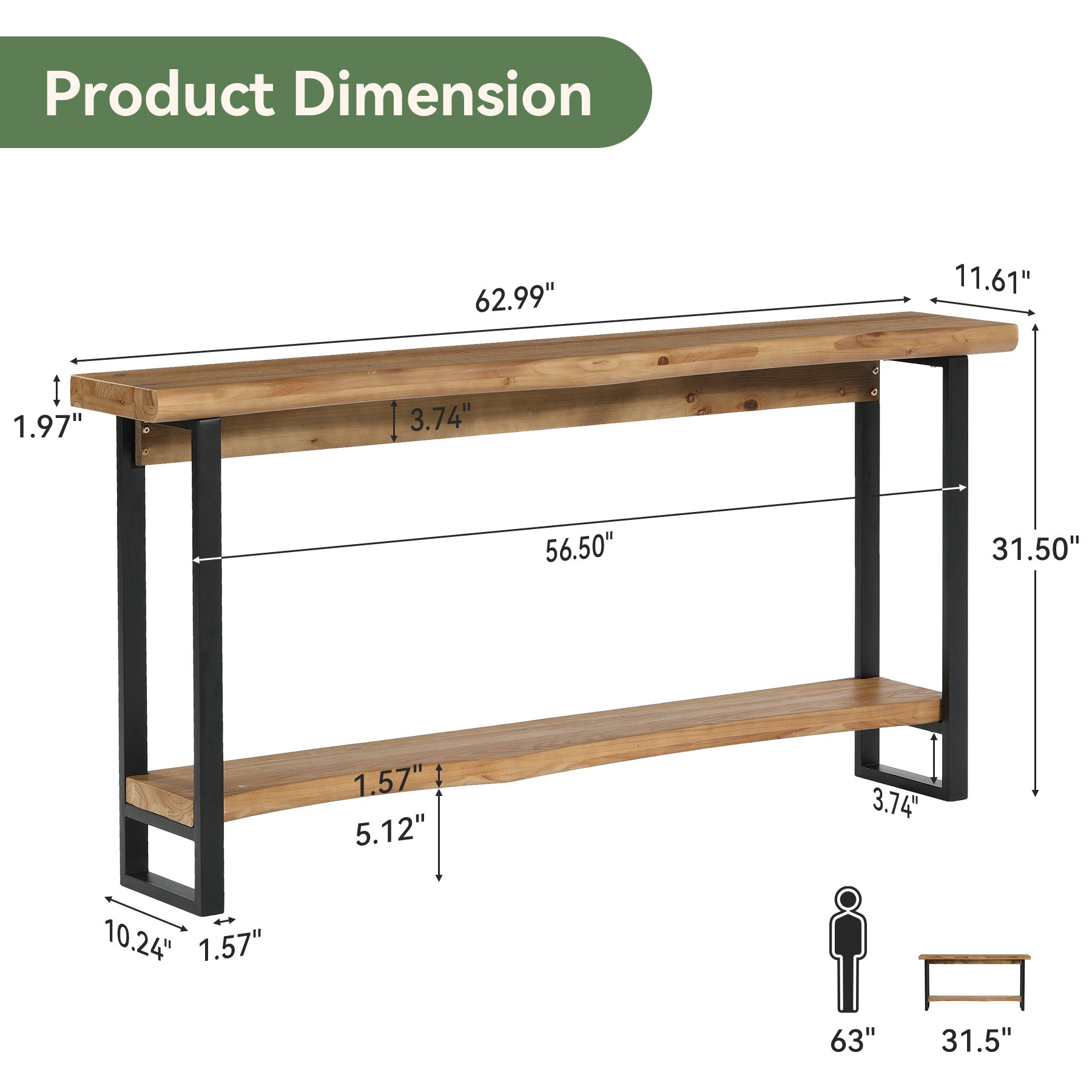 63" Solid Wood Live-Edge Console Table with Metal Legs – Narrow Farmhouse Sofa Table