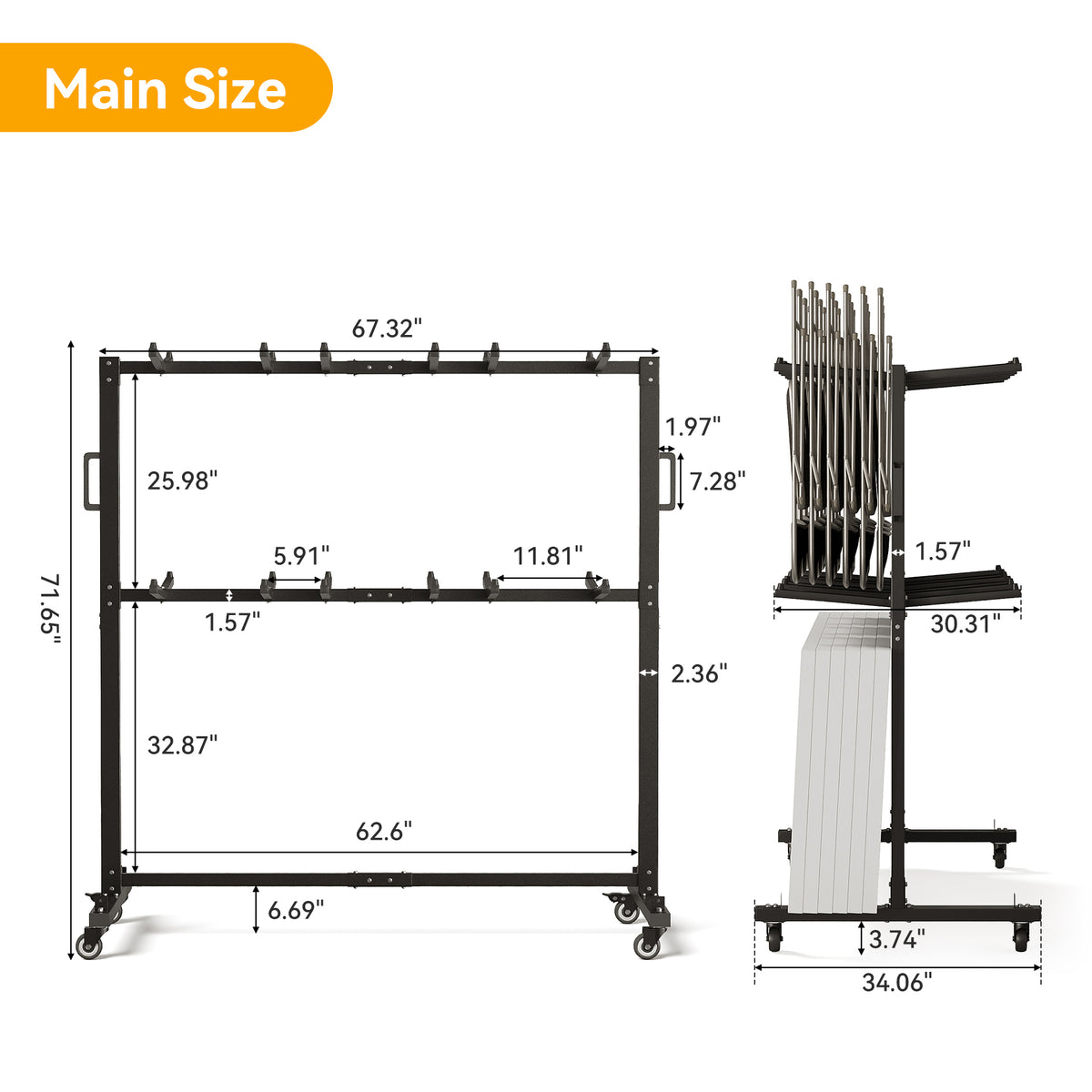 Heavy-Duty Folding Chair Rack On Wheels for Up to 84 Chairs or 12 Tables+42 Chairs, 800 LBS Capacity