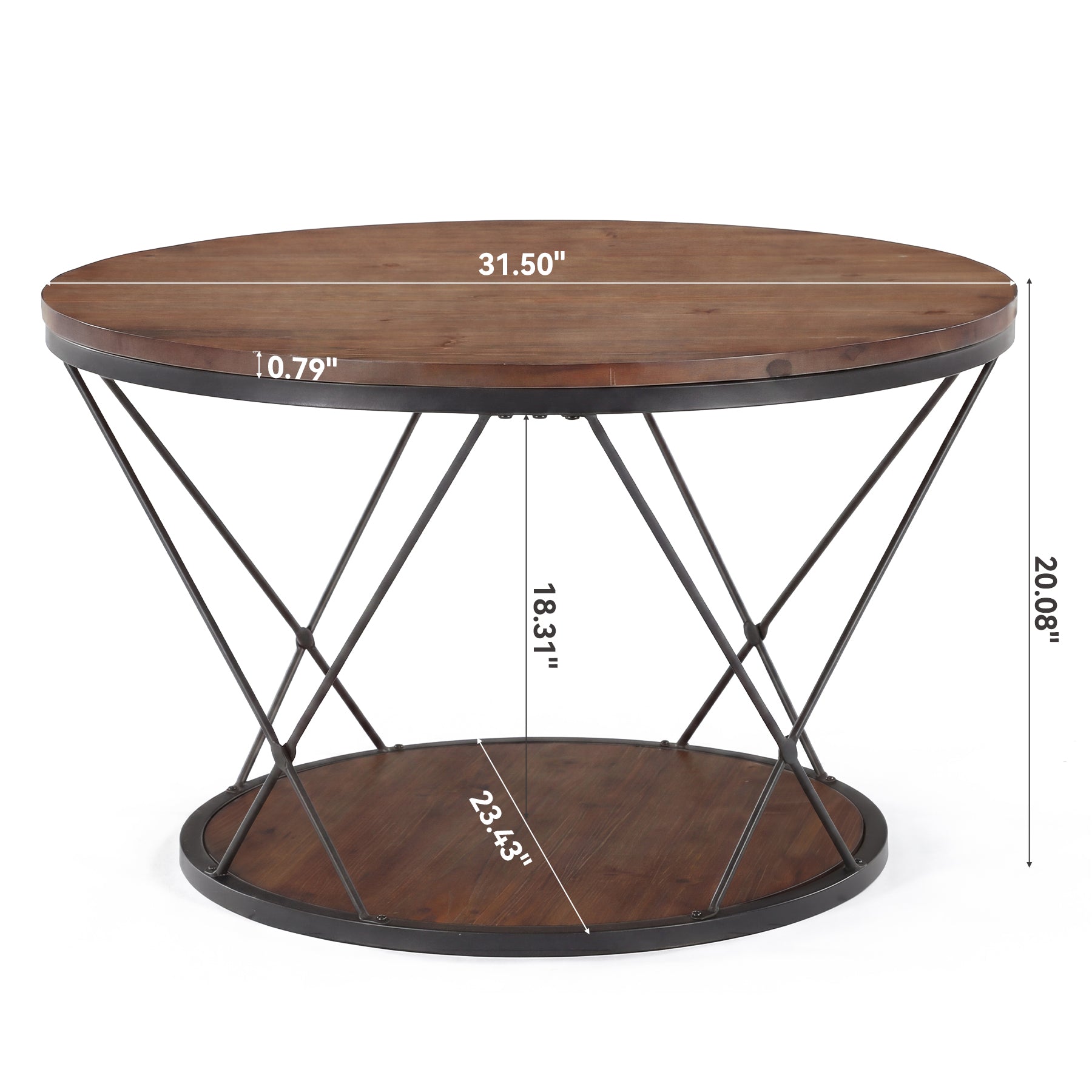 31.5" Round Coffee Table with Storage Shelf, Industrial Solid Wood Coffee Table